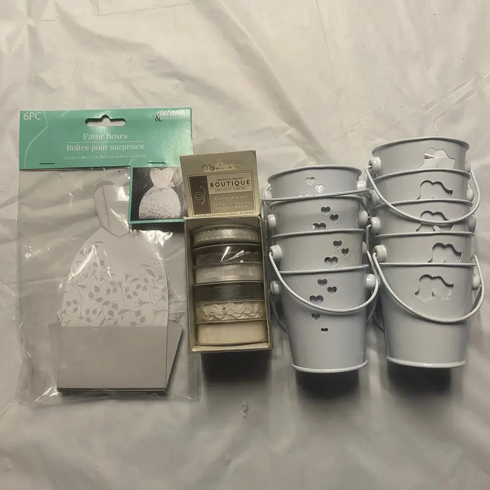 Wedding Bridal Gift Favor Ribbon Bundle Lot Pails Bells Hearts Dress Boxes